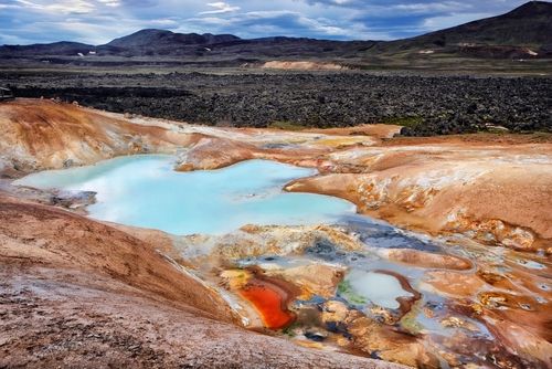 View of Krafla volcanic area, sulfur springs, Leirhnjúkur, Reykjahlíð, Mývatn lake, north Iceland