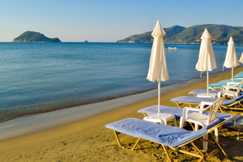 Landscape view of the sandy Koukla beach and its facilities on Zakynthos Island, Ionian Islands, Greece