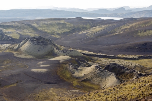 Lakagigar (Laki) craters in Iceland, ancient volcano craters now covered with green moss, in Summer