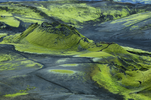 Lakagigar (Laki) craters in Iceland, ancient volcano craters now covered with green moss
