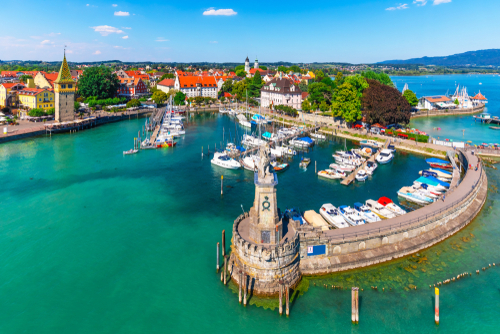 Scenic Summer aerial view of the Old Town pier architecture in Lindau, Bodensee or Constance lake, Bavaria, Germany