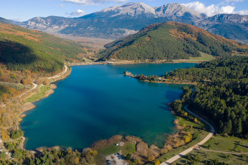Beautiful view of Lake Doxa, located in Ancient Feneos of Korinthia, the Peloponnese, Greece. Lake Doxa is an artificial lake at an altitude of 900m