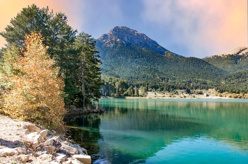 Beautiful view of Lake Doxa, located in Ancient Feneos of Korinthia, the Peloponnese, Greece. Lake Doxa is an artificial lake at an altitude of 900m