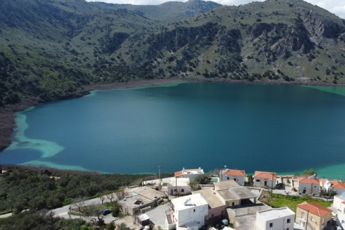 View of Lake Kournas with the sorrounding mountains near Chania, Island of Crete, Greece