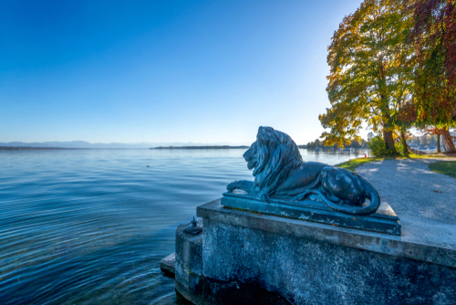View of a lion statue in Tutzing at Lake Starnberg, Bavaria, Germany