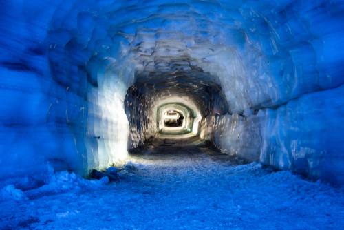 Amazing view of a tunnel inside the Langjökull Glacier, the second largest ice cap in Iceland