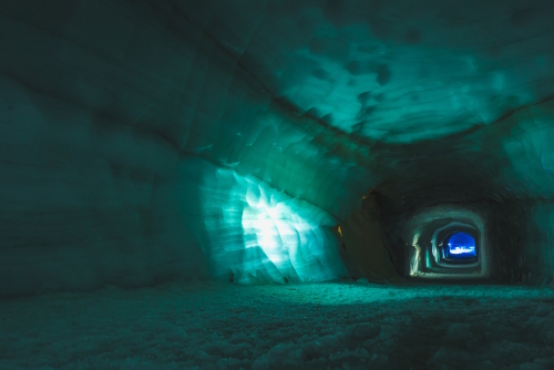 Tunnel inside ice cave in the Langjokull glacier in Iceland