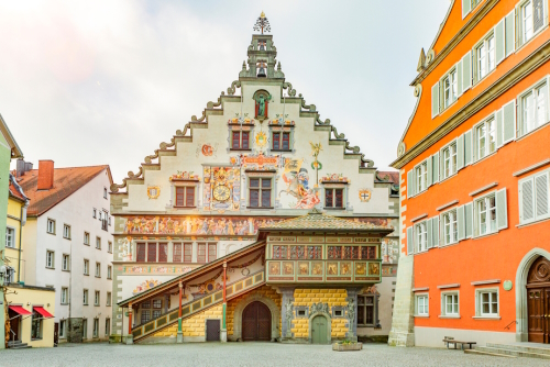 View of the beautifully decorated old town hall at Lindau im Bodensee, Bavaria, Germany