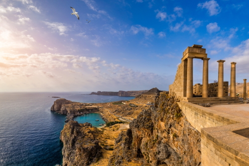 Dramatic view of the ruins of Acropolis of Lindos, Rhodes Island, Dodecanese Islands, Greece