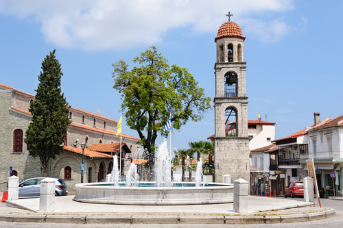 Central Square in the village of Litochoro, located in the Eastern foothills of Mount Olympus, Thessaly, Greece