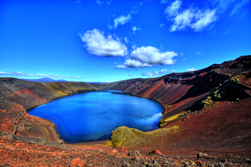 View of Ljotipollur lake in the crater of volcano in Landmannalaugar Reservation, Iceland