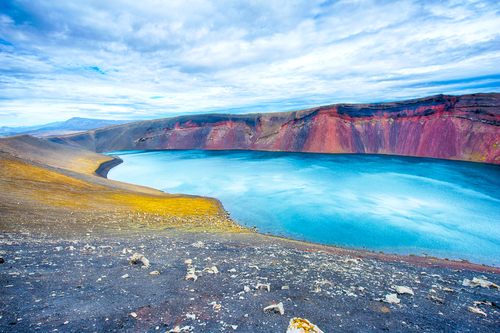 View of Ljotipollur lake in the crater of volcano in Landmannalaugar Reservation, Iceland