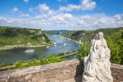 Loreley figure and Rhine valley Landscape and Sankt Goarshausen view from the Lore Ley rock, Rhineland-Palatinate, Germany