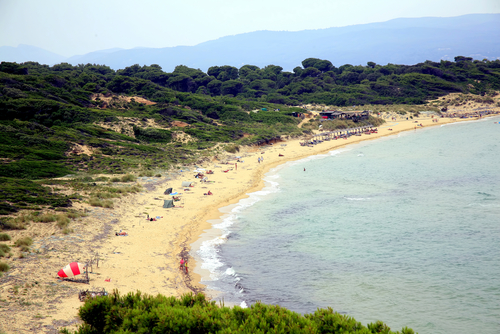 View of the larger of the two Mandraki beaches, Elia Mandraki beach on Skiathos Island in the Greek Islands of Sporades, Greece