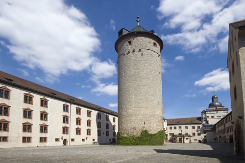 Courtyard and main tower of Marienburg castle in Wurzburg, Bavaria, Germany