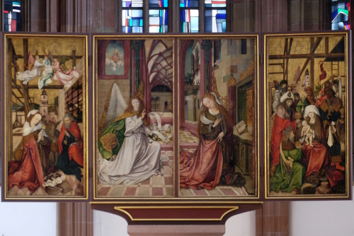 The Annunciation and Nativity Scene, main altar in Marienkapelle in Wurzburg, Bavaria, Germany