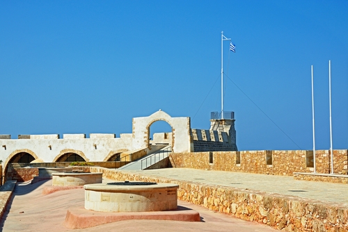 View over the Maritime Museum rooftop towards the watchtower, Chania, Crete Island, Greece