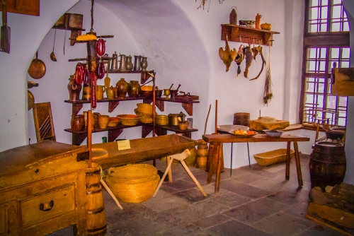 Kitchen inside the Marksburg castle from the medieval age in the Middle Rhein Valley near Koblenz, Rhineland-Palatinate, Germany