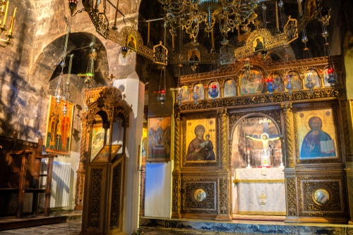 Interior view of Mega Spilaio Monastery of the Dormition of the Theotokos an old Greek Orthodox monastery near Kalavryta in the Peloponnese, Greece