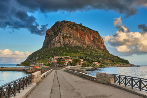 Impressive view of the Great Rock of Monemvasia island and the medieval 