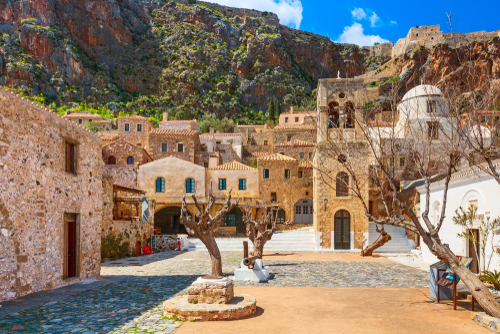 Monemvasia, Greece panorama with old houses and Elkomenos Christos church in ancient town, Lakonia, The Peloponnese, Greece