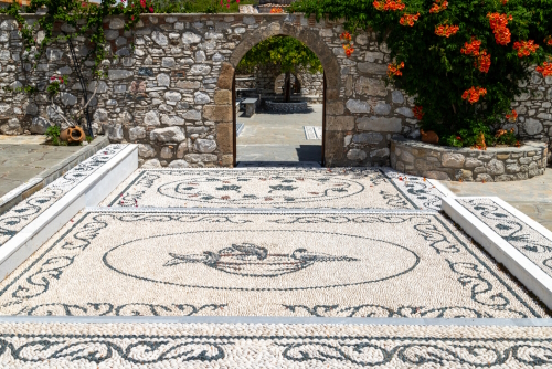 Beautiful pebble stone mosaic at Moni Thari monastery on Rhodes island, Greece