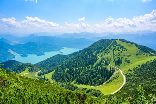 View from Mountain Herzogstand to Lake Walchensee, close to Kochel am See, Bavaria, Germany