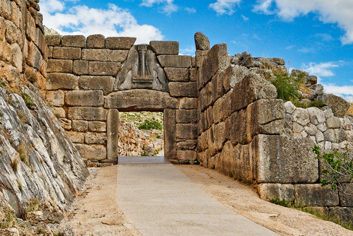 The road to the Lion Gate (1,240BC) at the Arcaeological site of Mycenae in the Peloponnese, Greece