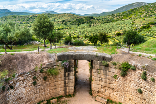 View of a bridge at the Mycenae archaeological site near Mykines in Argolis, Northeastern Peloponnese, Greece