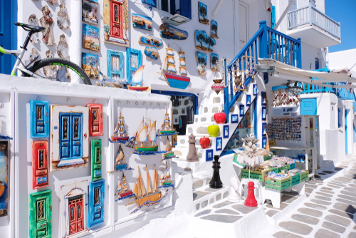 Colorful Souvenir shop at a town on Mykonos Island, Cyclades Islands, Greece