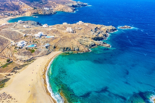 Aerial view of the secluded Fokos beach on Mykonos Island, Cyclades Islands, Greece