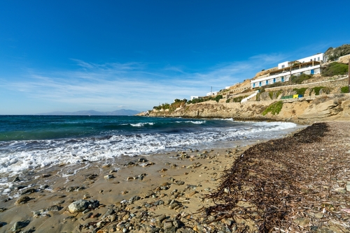 View of the rocky Paralia Korfos beach on Mykonos Island, Cyclades Islands, Greece