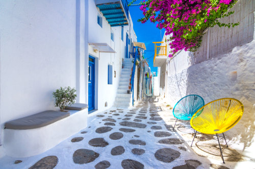 View of the famous picturesque narrow streets of Mykonos town on Mykonos Island, Cyclades Islands, Greece