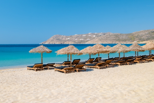 View of Elia beach and its facilities on the Island of Mykonos, Cyclades Islands, Greece