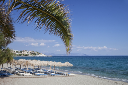 View of the amazing Paralio Astros beach with its facilities in Nafplio, The Peloponnese, Greece