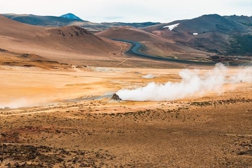 Hverir geothermal area, boiling mud pools, fumaroles, a geothermal area at the foothill of Namafjall, near Lake Myvatn, north Iceland