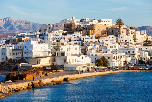 Aerial view of Naxos town on the Island of Naxos, Cyclades Islands, Greece. Naxos is the largest of the Cyclades island group in the Aegean sea