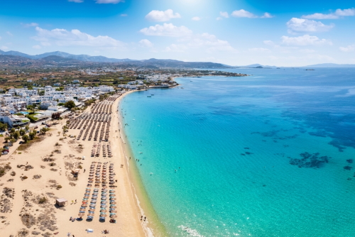 Aerial view of the popular Agios Prokopios beach on the Island of Naxos, Cyclades Islands, Greece