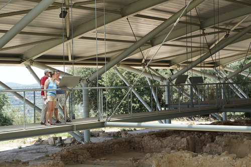 Tourists visit the structure of the ancient Nestor Palace in Pylos, Messinia, The Peloponnese, Greece