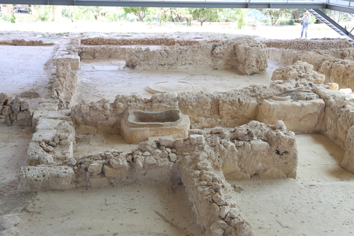 View of ruins of King Nestor's palace in Pylos, Messinia, The Peloponnese, Greece