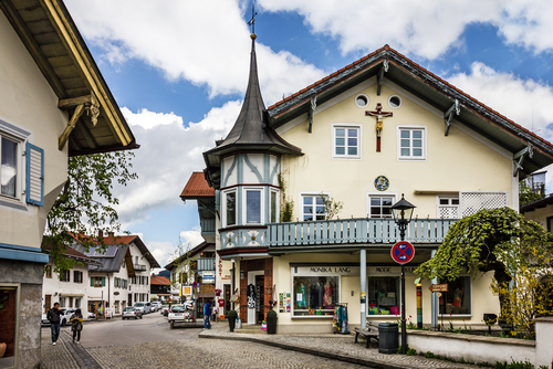 View of a main street at the old town of Oberammergau, Bavaria, Germany