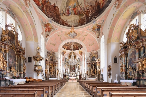 St Peter St Paul Church. Joseph Schmuzer led the construction of the church. The ceiling and wall frescoes were made by Matthew Guenthe, Oberammergau, Bavaria, Germany