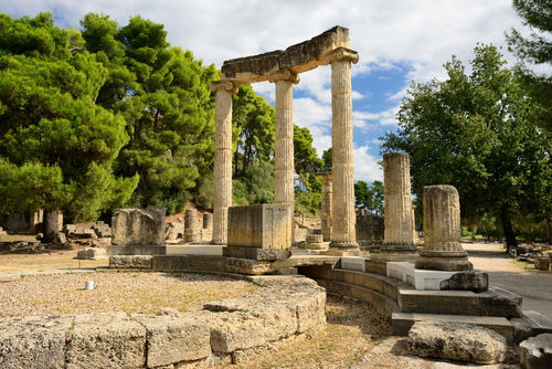 Ancient ruins of the Philippeion in the Archaeological site of ancient Olympia, birthplace of the olympic games, UNESCO world heritage site, the Peloponnese, Greece