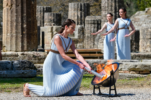 Olympic Flame handover ceremony for the Tokyo 2020 Summer Olympic Games at the Ancient Archaeological site at Olympia, birthplace of the ancient Olympics, the Peloponnese, Greece