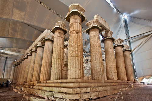 The temple of Apollo Epicurius (UNESCO World Heritage Site) covered by a protective tent at Vasses (or 