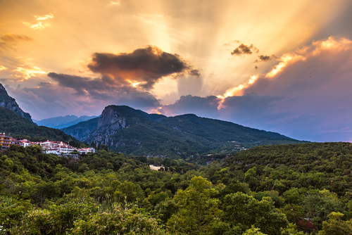 Dramatic Sunset view of Mount Olympus on a Summer evening, Olympus Riviera, Greece