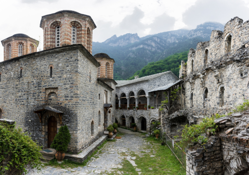 View of the historical Monastery of Agios Dionysios on Mount Olympus in the Olympus Riviera, Greece
