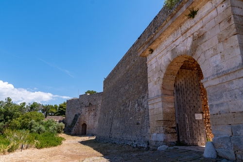View of a gate in the castle of Pylos courtyard (Neokastro) in Pylos, Messinia, the Peloponnese, Greece