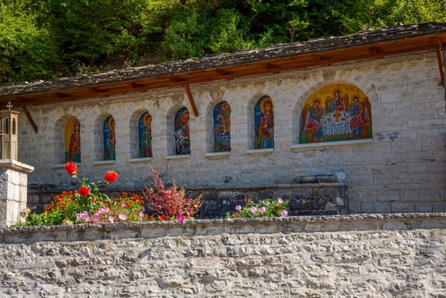 Exterior view of the stained-glass of the Church of Taxiarches in Mikro Papingo, Zagori, Epirus, Greece