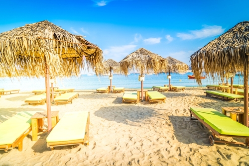 View of a beautiful beach and its facilities on the Island of Paros, Cyclades Islands, Greece